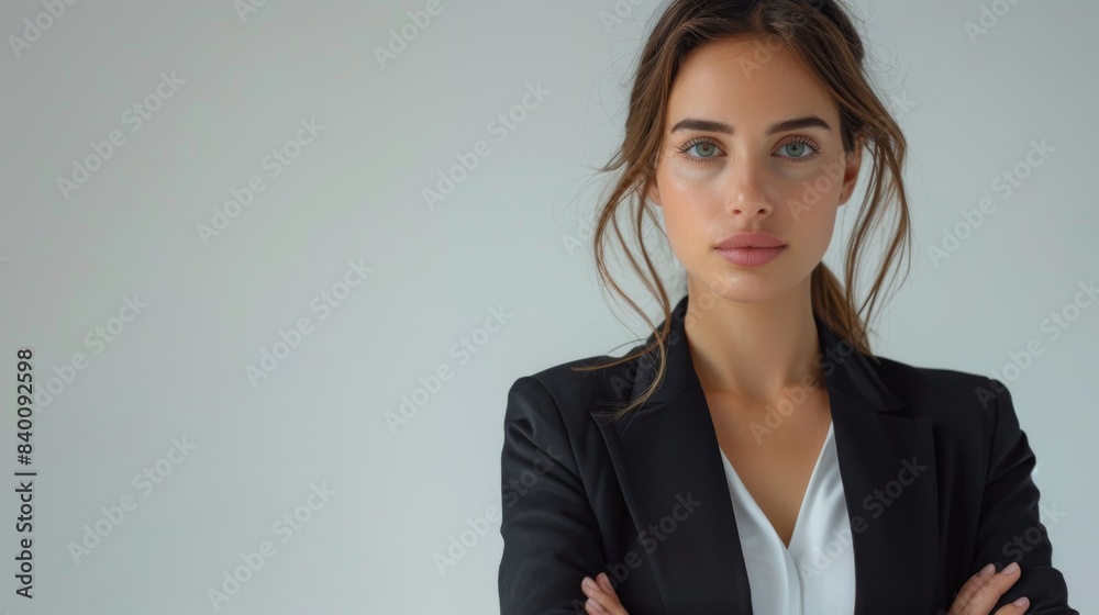 Standing with her arms crossed in front of a white background. Standing with her arms crossed in front of a white background.