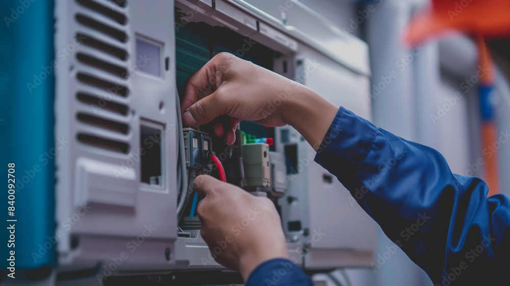 Hands of a technician repairing a modern air conditioner, focusing on servicing and repairing the device. Hands of a technician repairing a modern air conditioner, focusing on servicing and repairing the device.