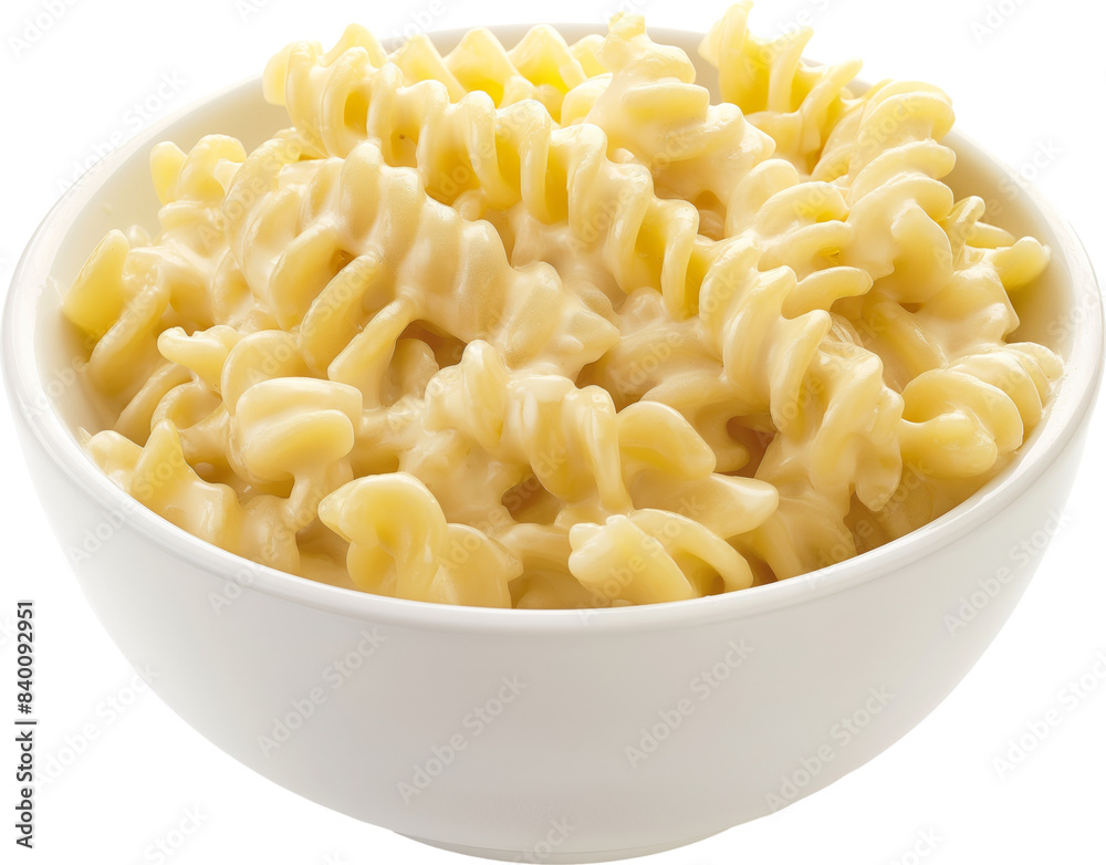 Bowl of creamy rotini pasta in white bowl isolated on transparent background.