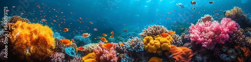 Underwater scene with abundant life in a coral reef ecosystem