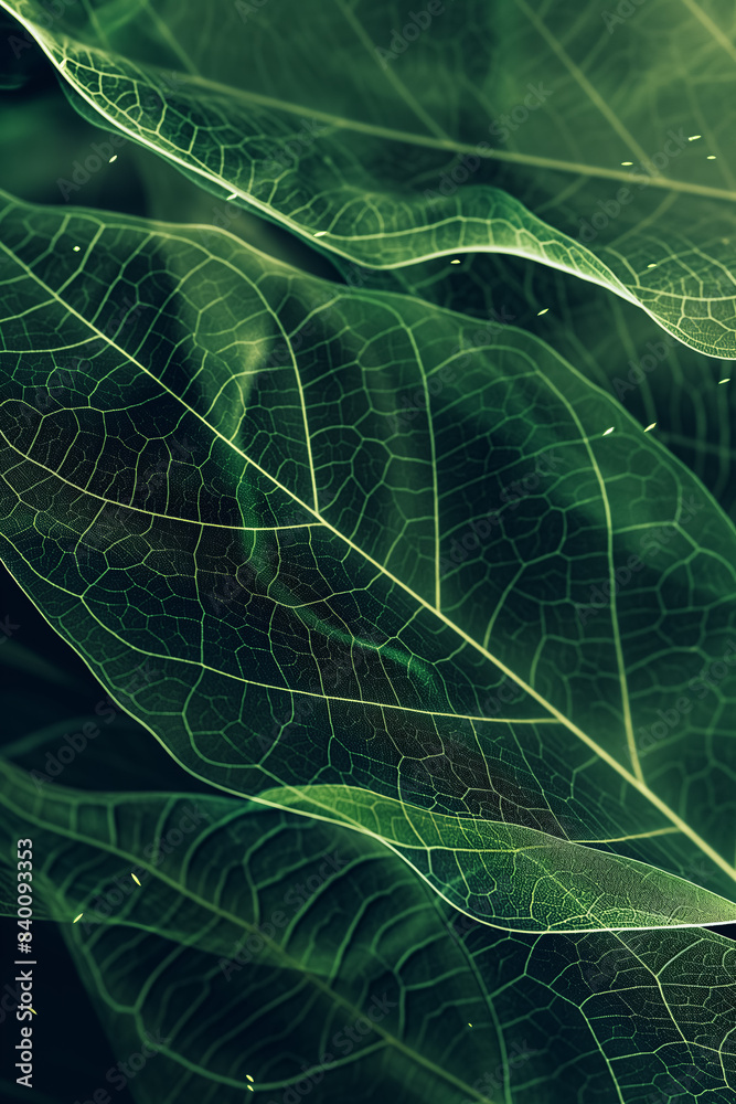 Naklejka premium Abstract Ethereal Translucent Green Leaves with Veins on Dark Background. Nature and Serenity Concept.