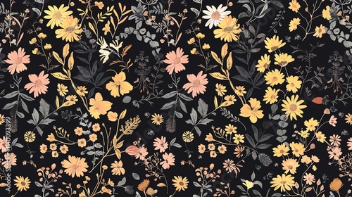 Elegant seamless pattern of hand-drawn flora in pastel black, yellow, and pink shades