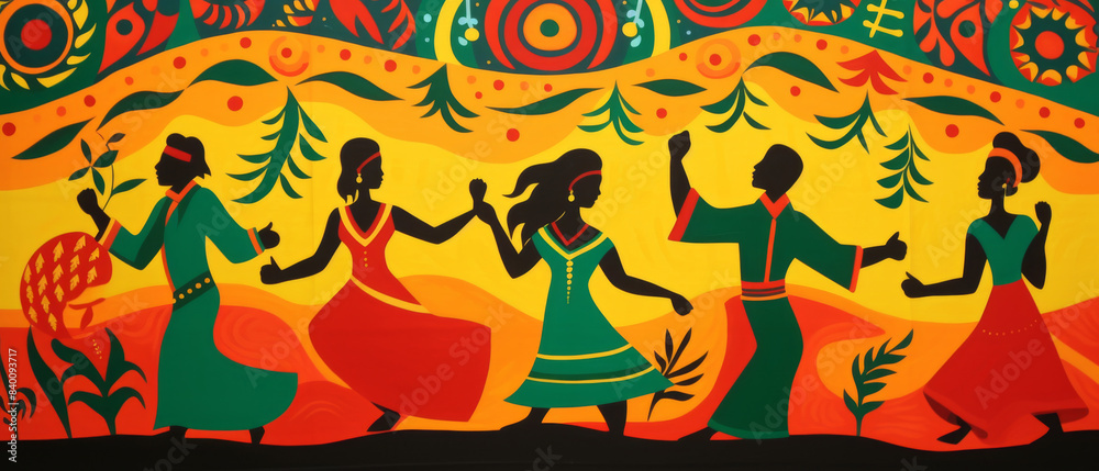 A painting of a group of people dancing in a field A painting of a group of people dancing in a field
