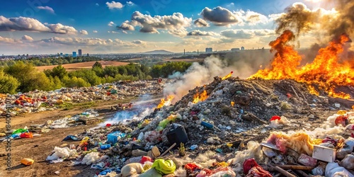 City dump with various types of garbage burning on a sunny summer day , garbage, landfill, pollution, environmental, waste, refuse, disposal, smoke, toxic, smog, outdoors, sky, fire photo