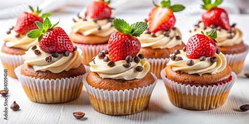 Delicious cupcakes with strawberries and chocolate chips on a white background, cupcake, tasty, sweet, dessert, strawberry, chocolate, treat, baked, delicious, yummy, pastry, confectionery