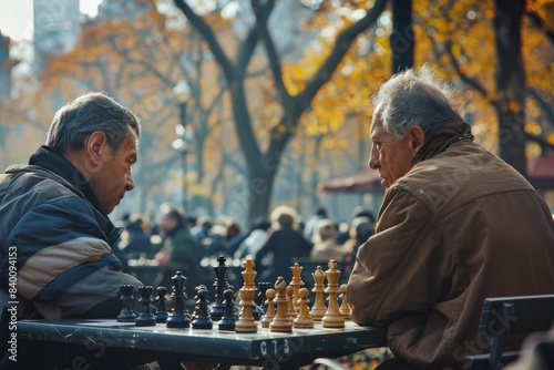 Two men are enjoying a game of chess outdoors in a park photo