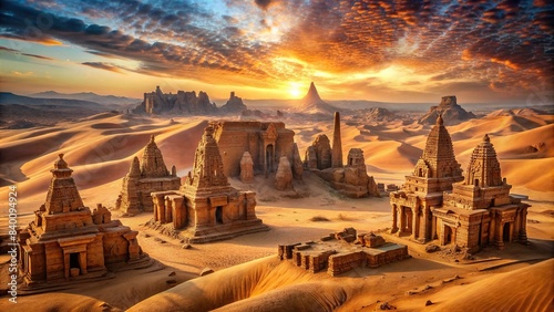 A breathtaking image of ancient structures in a vast, hot desert , ancient, structures, arid, desert, ruins, historical, landmark, ancient civilization, remote, sand, barren, desolate, dry