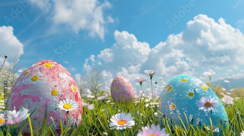 A 3D rendering of colorful eggs and daisies on meadow under a beautiful sky on Easter day. Easter eggs in grass against blue blooming background. Spring holidays concept.