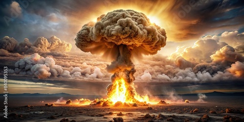 A powerful nuke bomb explosion releasing massive destruction, destruction, blast, explosion, atomic, bomb, devastation, nuclear, war, devastation, destruction, fire, power, energy photo