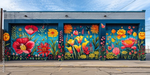 A colorful mural of flowers adorns the side of a building