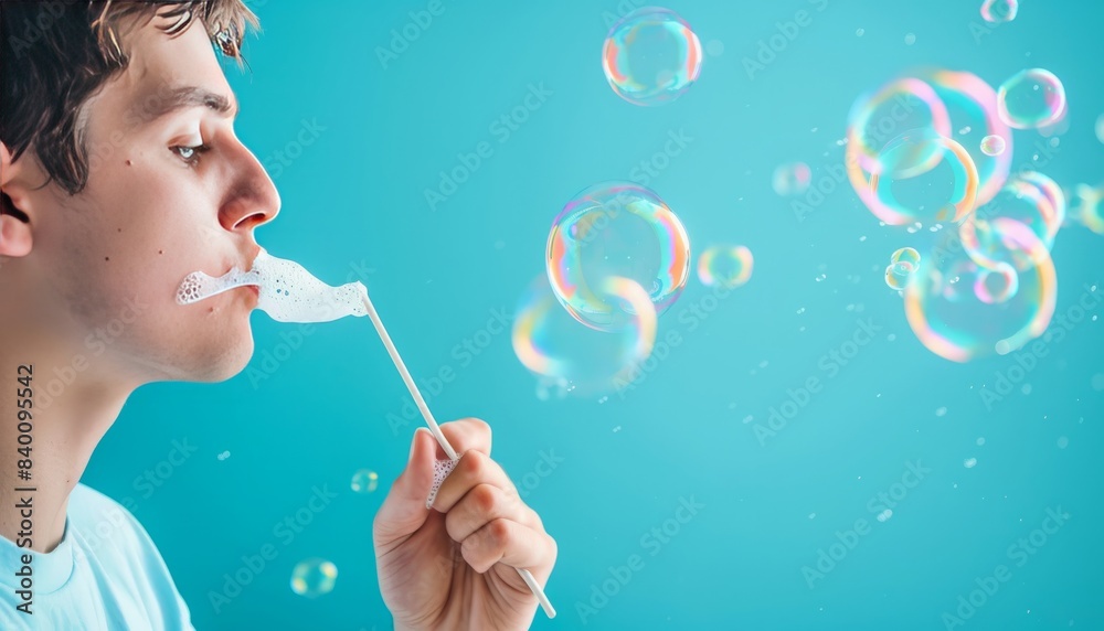 Mesmerizing Moments: Young Man Blowing Soap Bubbles in Close-up on Blue Background Mesmerizing Moments: Young Man Blowing Soap Bubbles in Close-up on Blue Background