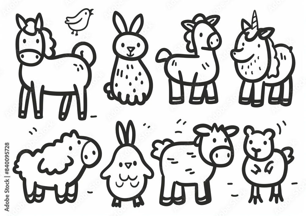 The modern illustration shows a set of farm domestic animals, including horses, cows, and birds in a doodle sketch style. Pork, fowl meat, farm food background, icon. The modern illustration shows a set of farm domestic animals, including horses, cows, and birds in a doodle sketch style. Pork, fowl meat, farm food background, icon.