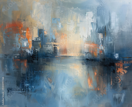 Abstract painting of a cityscape with a light blue and orange color palette. Created with AI © Muhammad