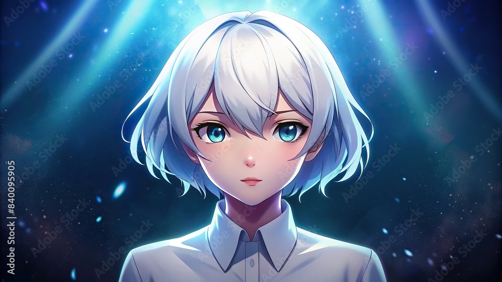 ภาพประกอบสต็อก Anime woman with short white hair in white shirt, cute ...