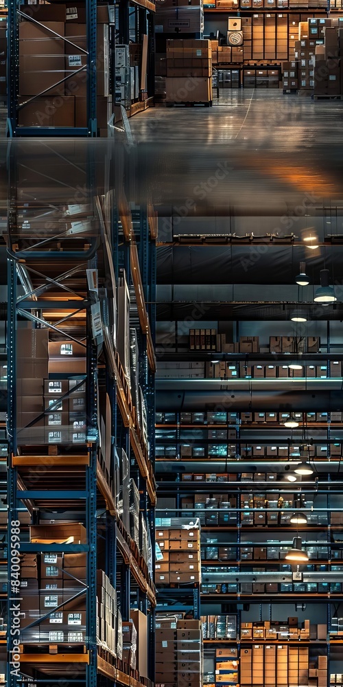 1 A dimly lit warehouse with tall metal shelves packed with cardboard boxes, low angle shot 1 A dimly lit warehouse with tall metal shelves packed with cardboard boxes, low angle shot