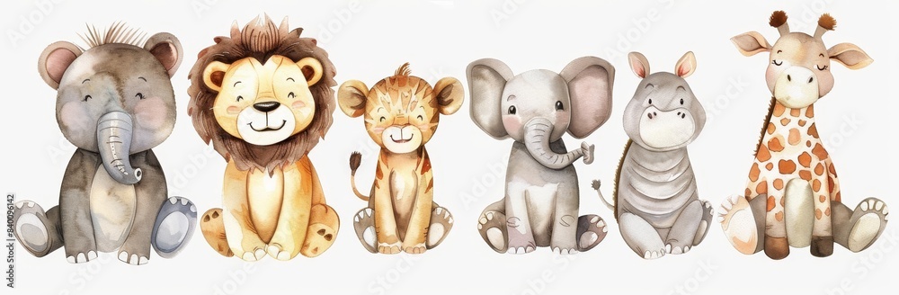 A set of African wild animals with baby elephants, lions, zebras, giraffes, hippopotamuses, giraffes, and giraffes. Illustration in water color. A set of African wild animals with baby elephants, lions, zebras, giraffes, hippopotamuses, giraffes, and giraffes. Illustration in water color.