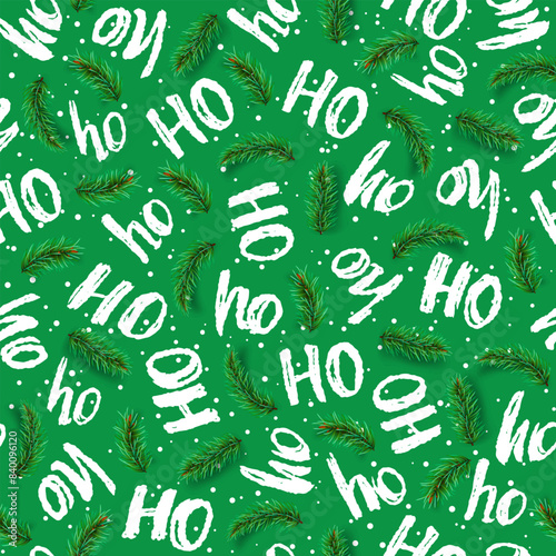 White ho ho ho word template on green background for Christmas. Hand drawn word ho ho ho for background, fabric, decor, paper packaging. Vector illustration