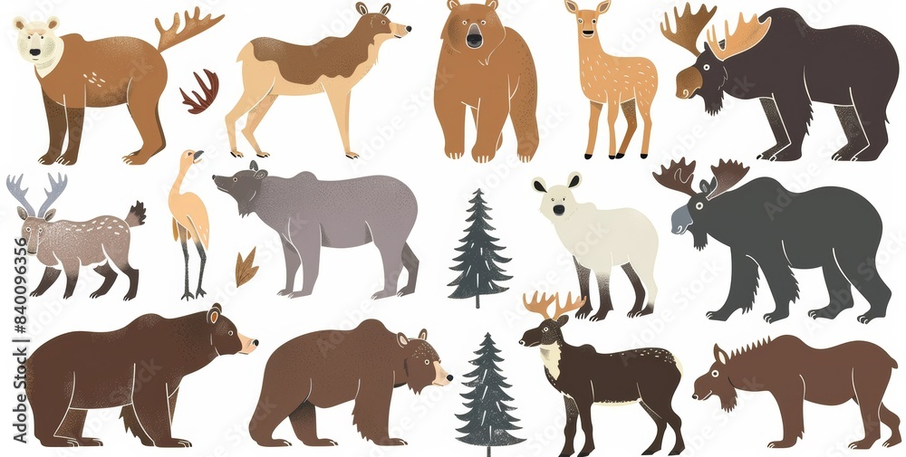 North American animals isolated on white background. Modern illustration. North American animals isolated on white background. Modern illustration.
