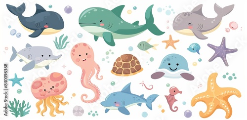 Animated underwater animals inhabiting the sea nature, beautiful crabs squid octopus, adorable fish ocean creatures.