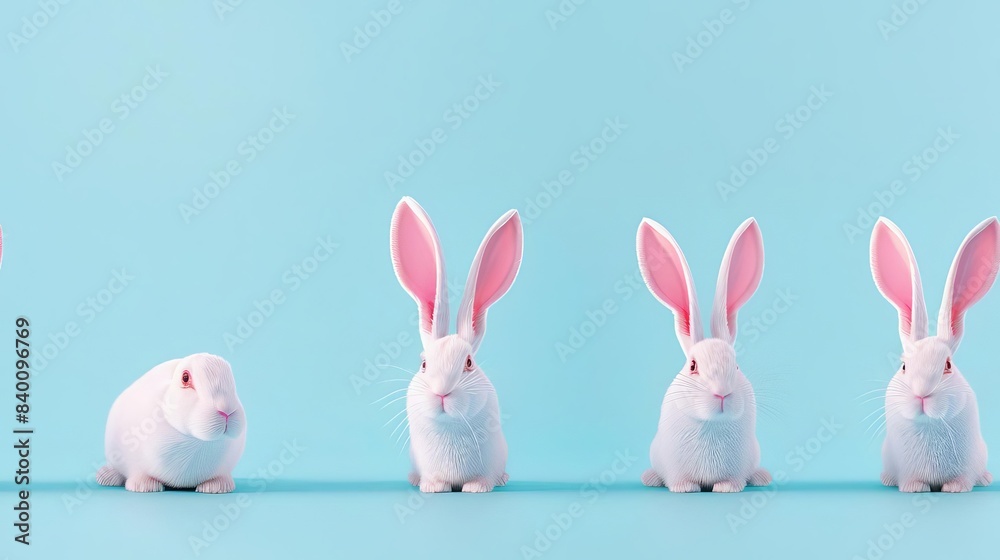 Fototapeta premium 4 White rabbit ears with a soft shadow on a pastel blue background, wide angle