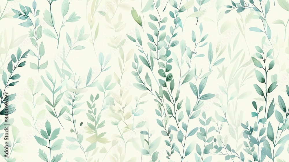 Charming seamless pattern of hand-drawn flora in soft pastel green and blue Charming seamless pattern of hand-drawn flora in soft pastel green and blue