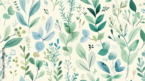 Charming seamless pattern of hand-drawn flora in soft pastel green and blue