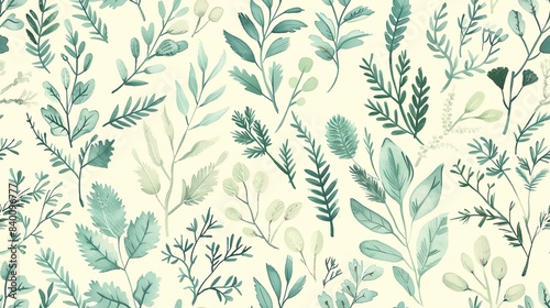 Charming seamless pattern of hand-drawn flora in soft pastel green and blue