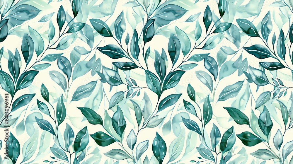 Fototapeta premium Delicate seamless pattern of hand-drawn flora in pastel green and blue colors