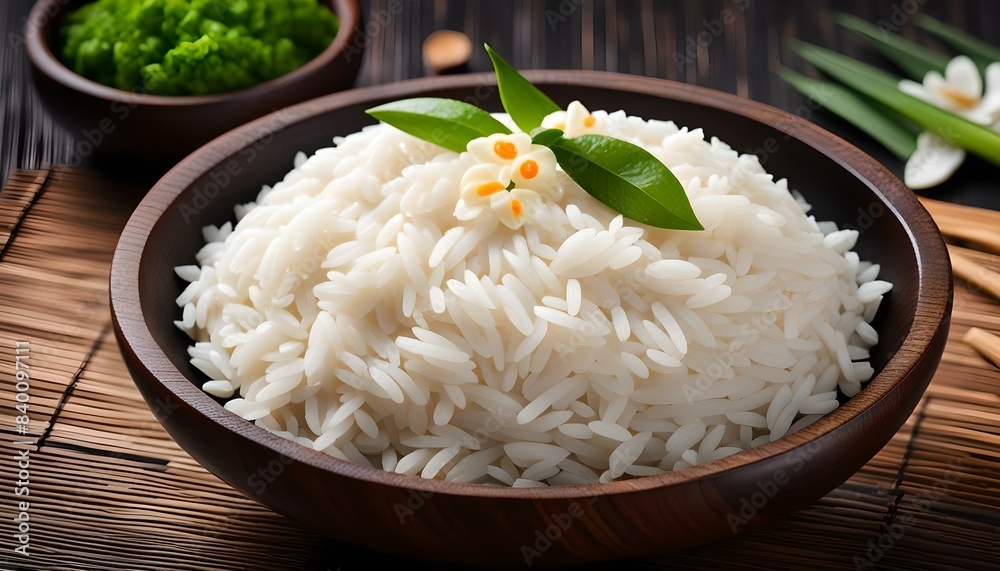 Cooked white rice (Thai Jasmine rice), rice in dark wooden bowl on the wood black bamboo background.
Cooked white rice (Thai Jasmine rice), rice in dark wooden bowl on the wood black bamboo background.
