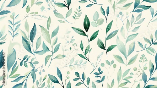Hand-drawn flora in soft pastel green and blue, seamless pattern design