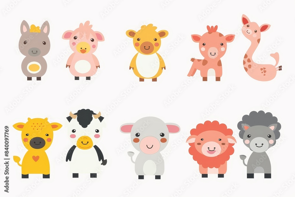 This collection of farm animals features colored modern illustrations of cows, pigs, and sheepdogs. They are isolated on a white background with textured effects. This collection of farm animals features colored modern illustrations of cows, pigs, and sheepdogs. They are isolated on a white background with textured effects.