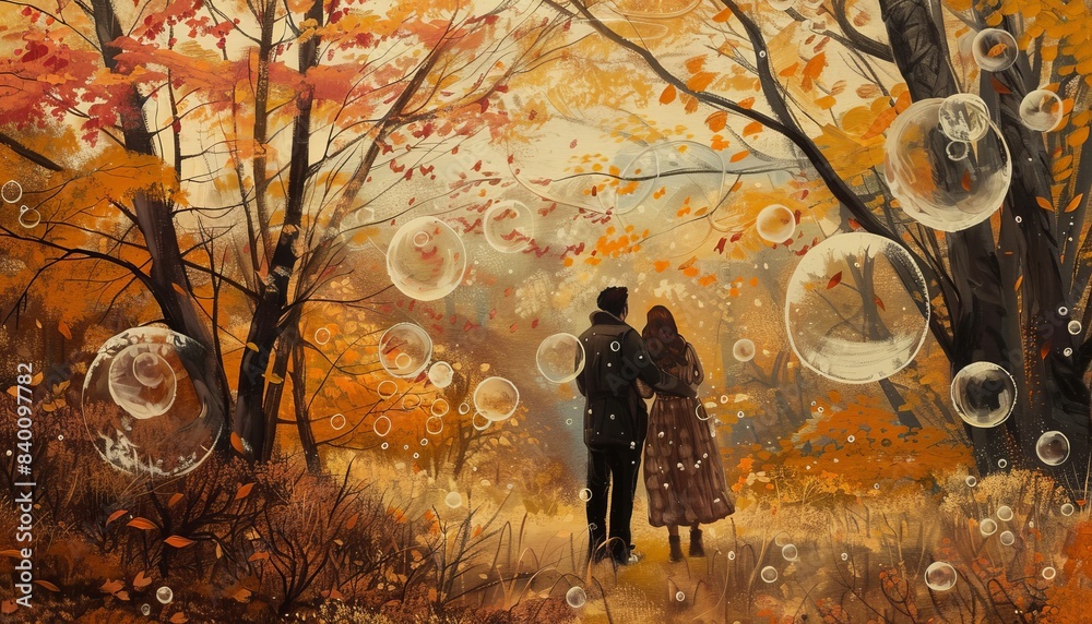 Bubbling Romance: A Couple Embraces in the Autumn Landscape Bubbling Romance: A Couple Embraces in the Autumn Landscape