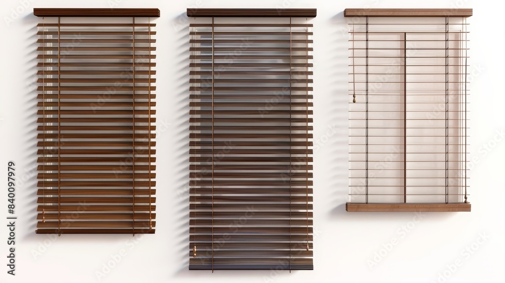An isolated white background shows wood roll up shutters, brown venetian blinds. Modern realistic set of wooden jalousie curtains and louvers for use inside your home or office. An isolated white background shows wood roll up shutters, brown venetian blinds. Modern realistic set of wooden jalousie curtains and louvers for use inside your home or office.