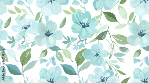 seamless pattern Soft pastel green and blue floral design, hand-drawn 