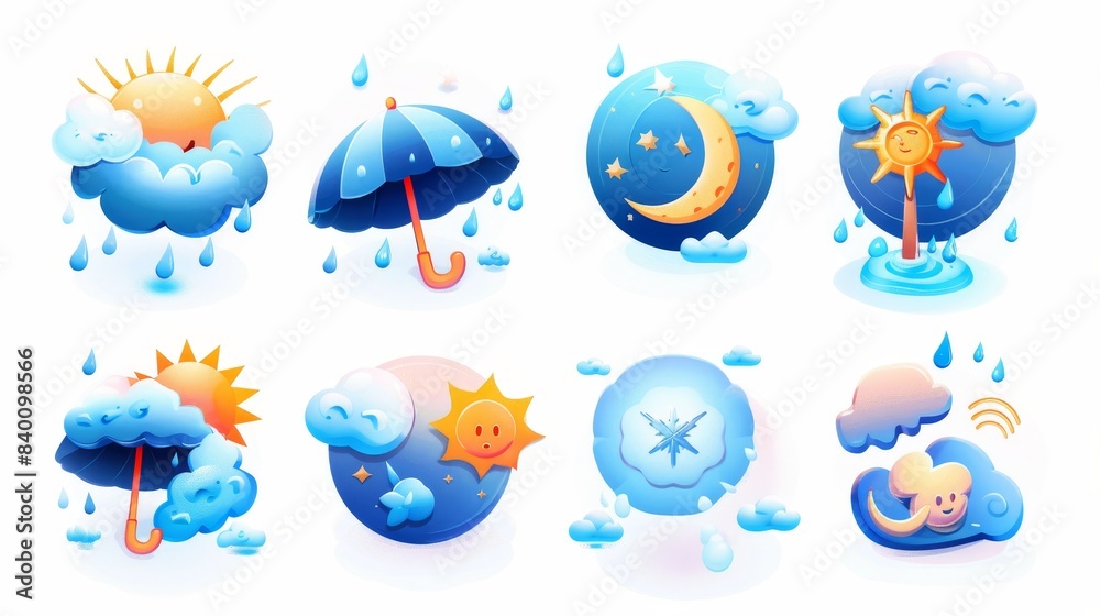 Weather icons set in 3D rendering, including a sun, snowflake, raindrop, crescent with stars, a thermometer, lightning, and umbrella elements. Weather icons set in 3D rendering, including a sun, snowflake, raindrop, crescent with stars, a thermometer, lightning, and umbrella elements.