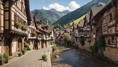narrow street in a European village with half-timbered houses on both sides and a river running through the middle. There is a mountain range in the background.