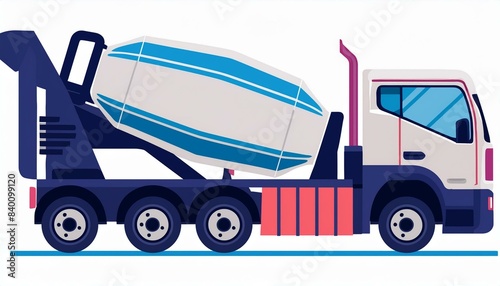 The new white building lorry, equipped with a concrete mixer, is depicted on a white background, isolated.