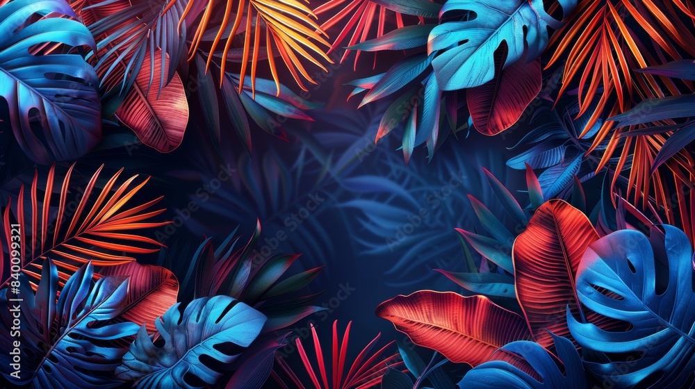 A stylish frame illustration featuring intricate neon glowing patterns inspired by tropical foliage, ideal for adding a bold and contemporary feel to designs. A stylish frame illustration featuring intricate neon glowing patterns inspired by tropical foliage, ideal for adding a bold and contemporary feel to designs.