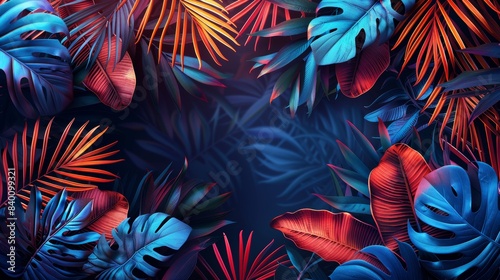 A stylish frame illustration featuring intricate neon glowing patterns inspired by tropical foliage, ideal for adding a bold and contemporary feel to designs.