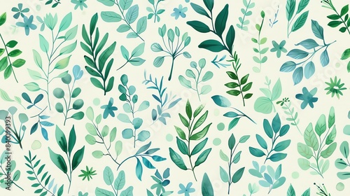 Whimsical seamless pattern of hand-drawn flora in pastel green and blue colors