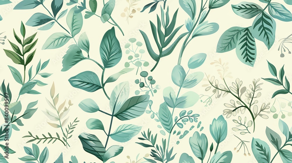 Charming hand-drawn flora in soft pastel green and blue, seamless pattern Charming hand-drawn flora in soft pastel green and blue, seamless pattern