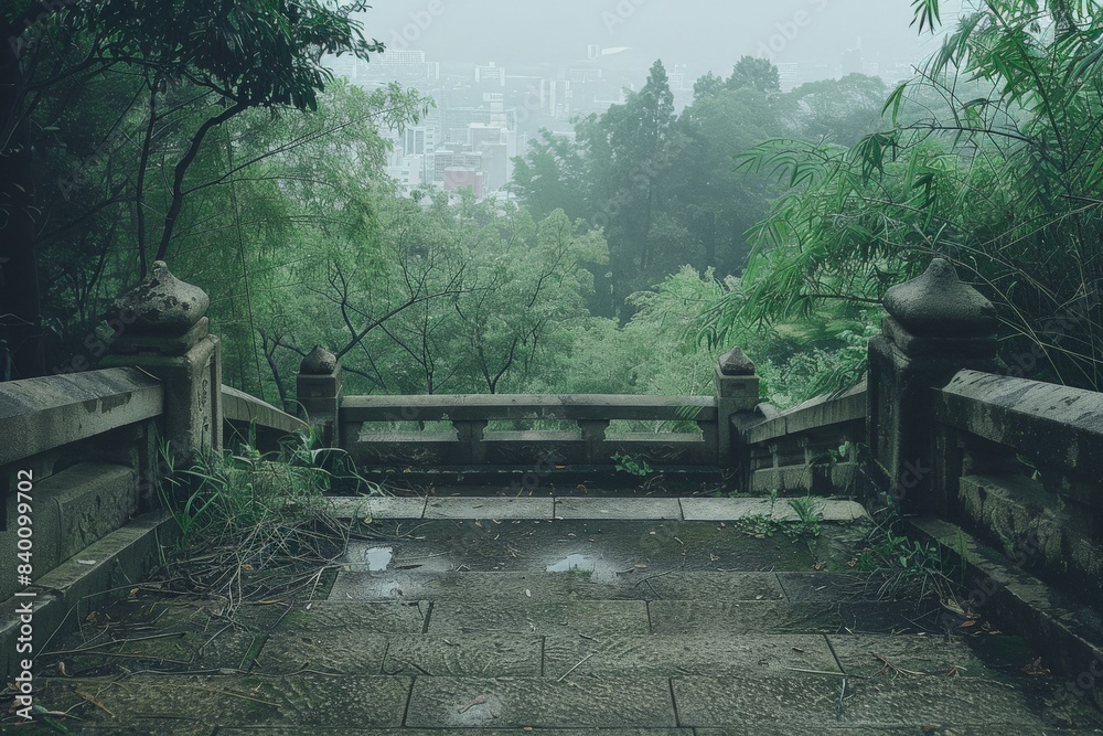 Fototapeta premium Bridge in rain with trees, tranquil and peaceful scene