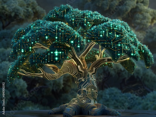 Captivating Tech Tree  A stunning 3D rendered digital tree blending the organic forms of nature with the intricate patterns and luminous glow of futuristic technology photo