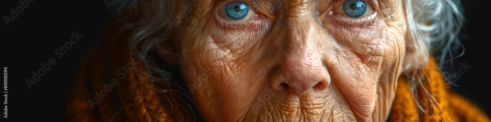 A detailed shot of the face of an elderly woman with blue eyes