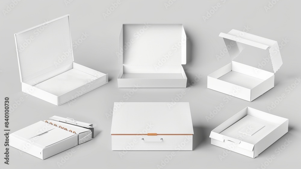 Mockups of white cardboard boxes isolated on grey background. Modern realistic illustration of open empty and closed 3D carton packages for mail parcel delivery, gift packaging. Mockups of white cardboard boxes isolated on grey background. Modern realistic illustration of open empty and closed 3D carton packages for mail parcel delivery, gift packaging.