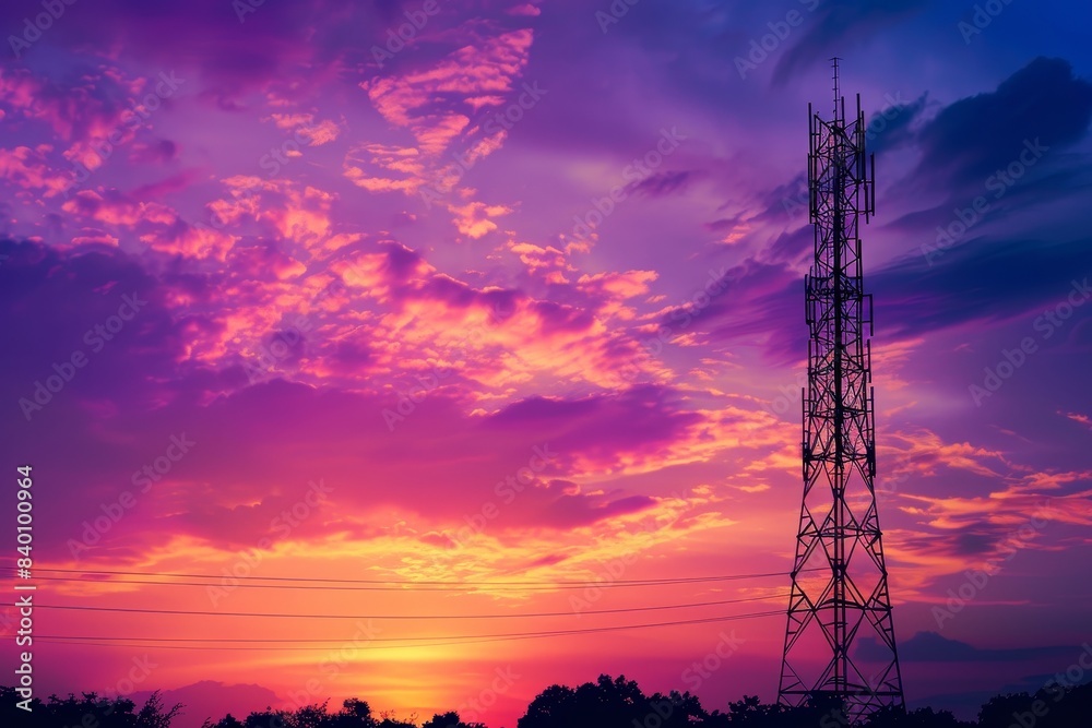 Telecom antenna tower and repeater silhouetted in sunlight with dramatic sky. Telecom antenna tower and repeater silhouetted in sunlight with dramatic sky.