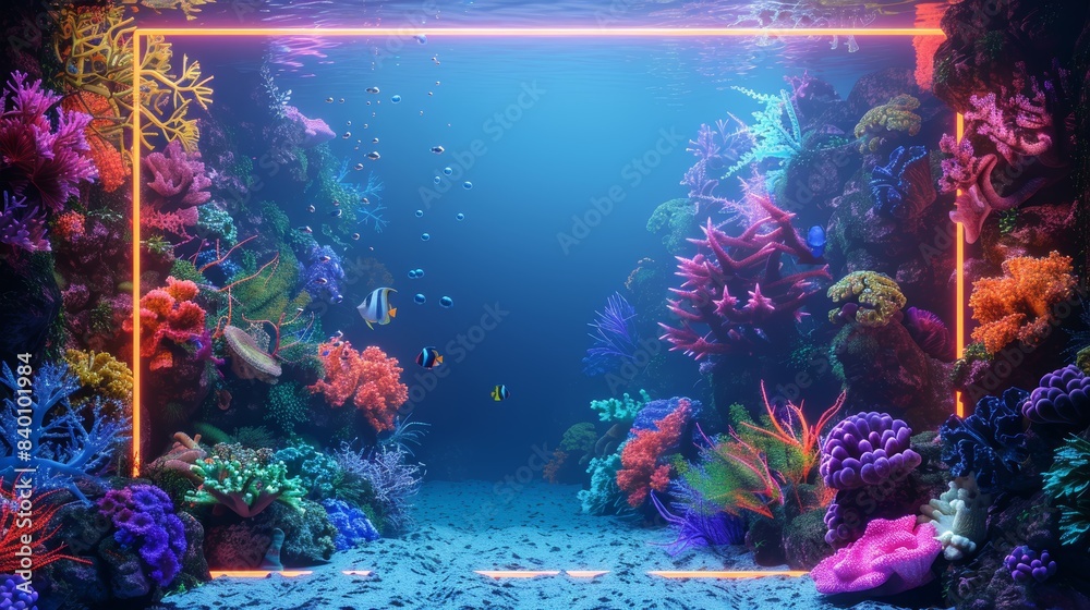 Fototapeta premium A detailed illustration of a neon frame enclosing a tropical paradise, with colorful fish and coral reefs, perfect for a tropical-themed design.