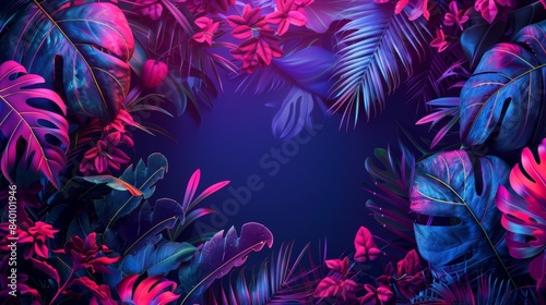 A dynamic illustration of a neon frame filled with tropical imagery, such as palm leaves and tropical fruits, creating a lively and vibrant design.