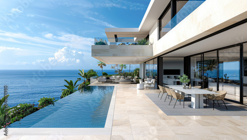 A large modern villa with an infinity pool and dining table overlooking the sea. Created with Ai © oliver