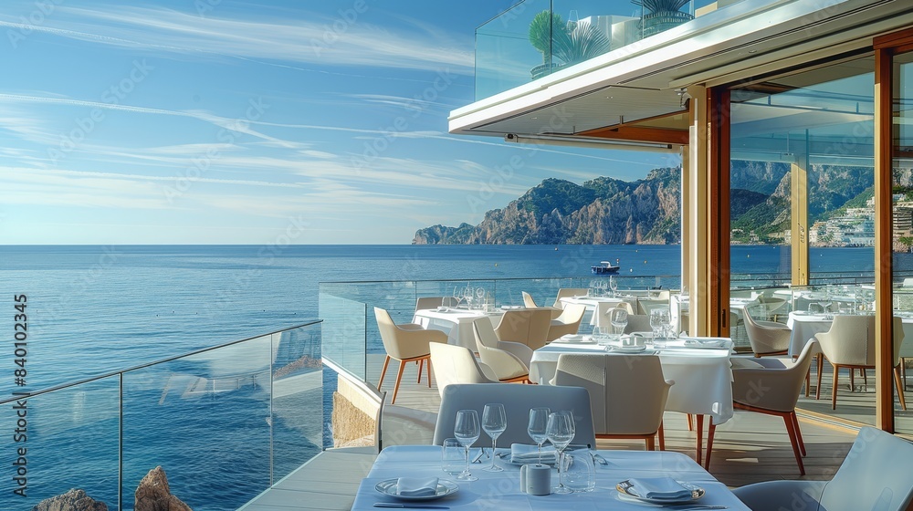 Fototapeta premium Luxury restaurant near sea, Romantic dinner on sea beach. Generative AI.